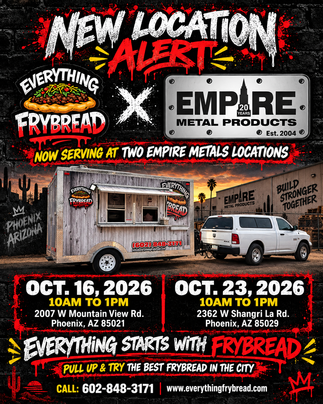Everything Frybread at Empire Metal Products on October 16 and October 23, 2026