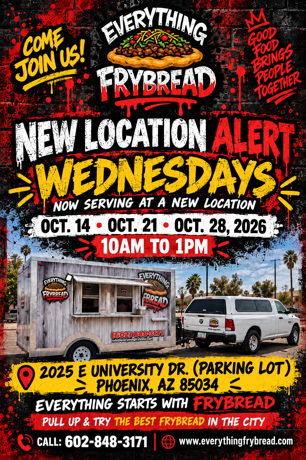 Everything Frybread new Wednesday location at 2025 E University Dr., Phoenix, October 14, 21, and 28, 2026